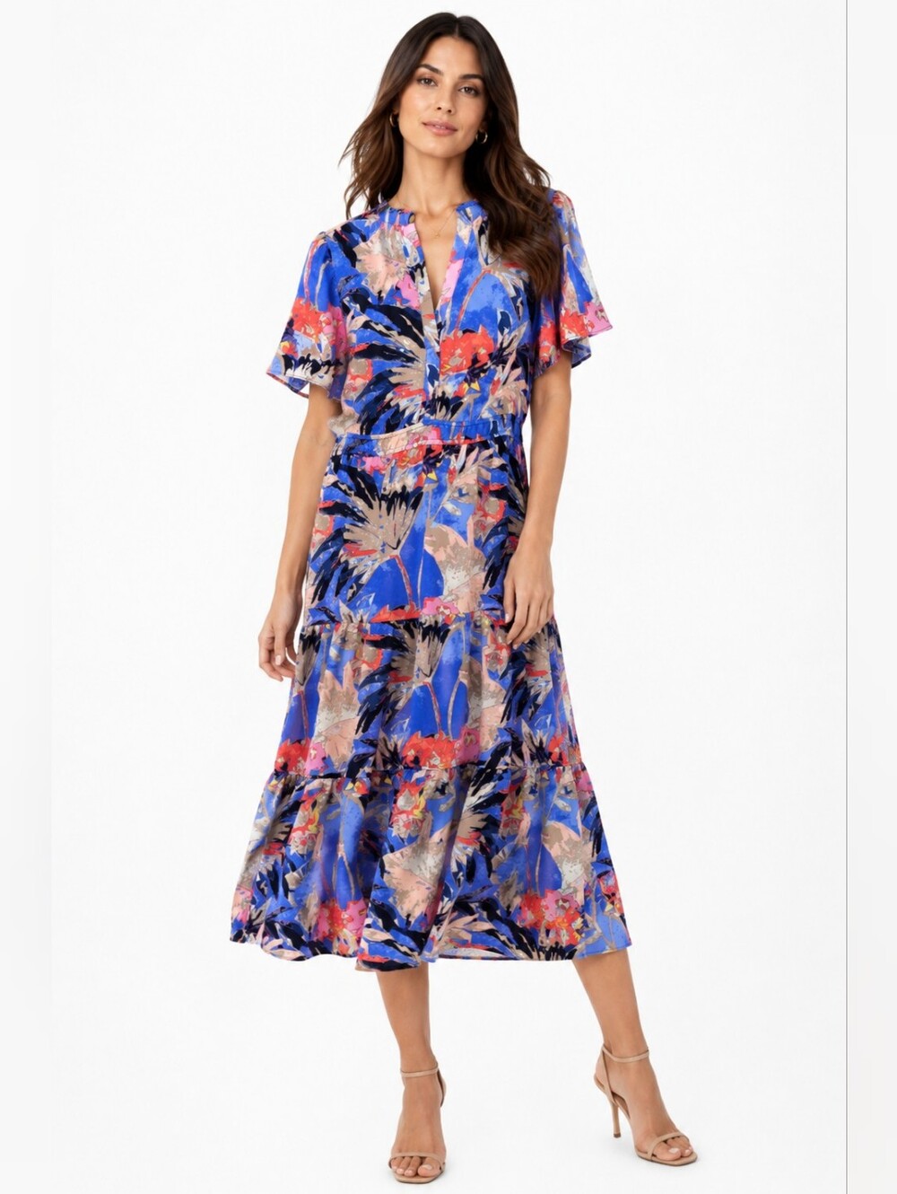 NIC+ZOE Dreamscape Daydream Floral Tiered Maxi Dress Blue Size Medium summer